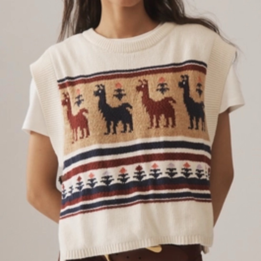 Anthropologie Cream Alpaca-Pattern Knit Sweater Vest with Navy and Rust